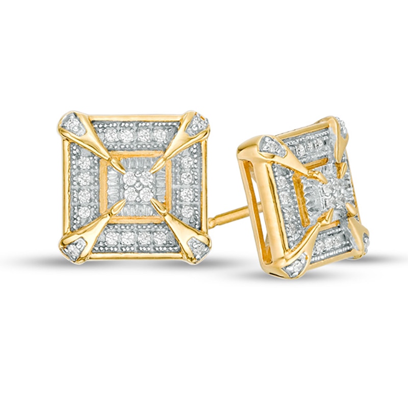 Men's 0.115 CT. T.W. Quad Diamond Vintage-Style Frame Stud Earrings in Sterling Silver with 14K Gold Plate|Peoples Jewellers