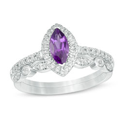 Marquise Amethyst and Lab-Created White Sapphire Frame Vintage-Style Bridal Set in 10K White Gold