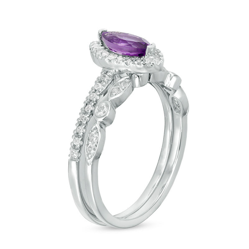 Main Image 2 of Marquise Amethyst and Lab-Created White Sapphire Frame Vintage-Style Bridal Set in 10K White Gold