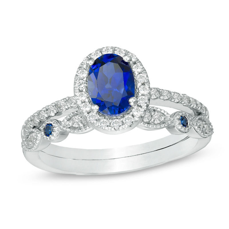 Oval Lab-Created Blue and White Sapphire Frame Vintage-Style Bridal Set in 10K White Gold|Peoples Jewellers