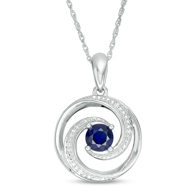 Main Image 1 of 5.0mm Lab-Created Blue Sapphire and Diamond Accent Beaded Circular Wave Pendant in Sterling Silver