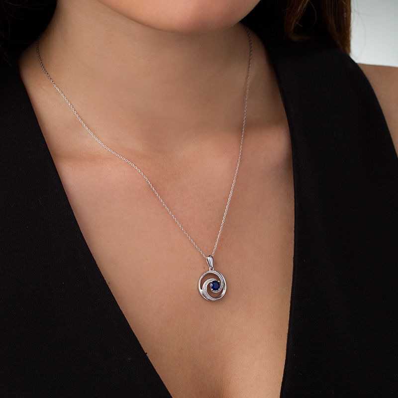 Main Image 3 of 5.0mm Lab-Created Blue Sapphire and Diamond Accent Beaded Circular Wave Pendant in Sterling Silver