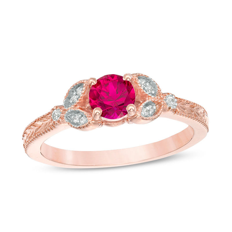 Main Image 1 of 5.0mm Lab-Created Ruby and Diamond Accent Leaf Vintage-Style Ring in 10K Rose Gold