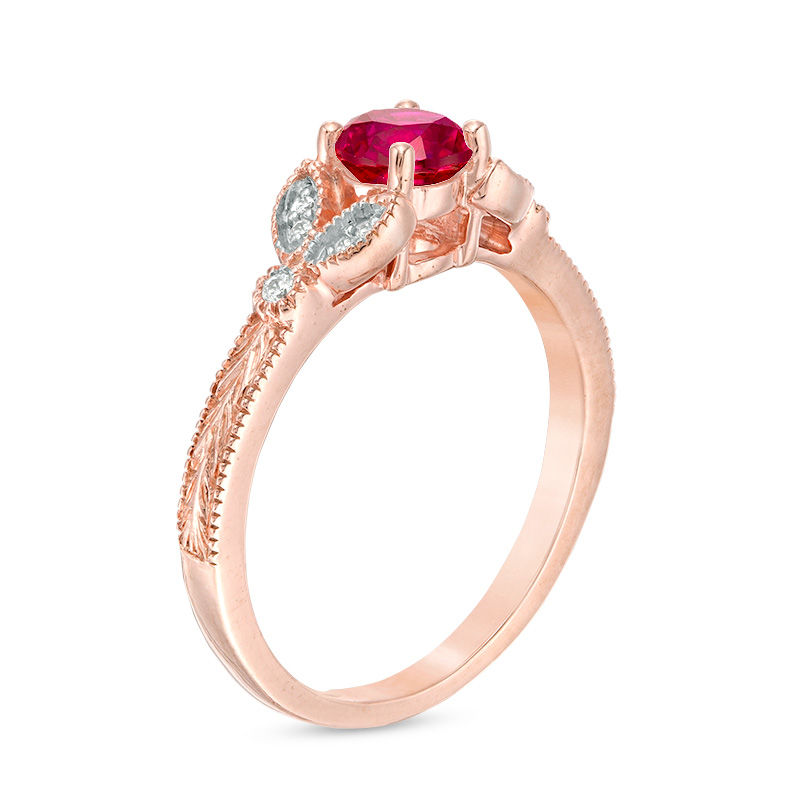 Main Image 2 of 5.0mm Lab-Created Ruby and Diamond Accent Leaf Vintage-Style Ring in 10K Rose Gold