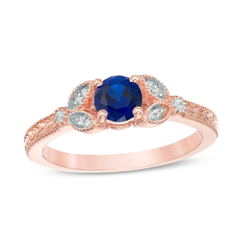 5.0mm Lab-Created Blue Sapphire and Diamond Accent Leaf Vintage-Style Ring in 10K Rose Gold