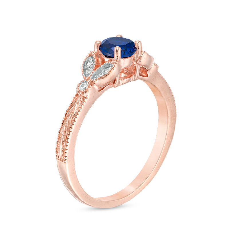 5.0mm Lab-Created Blue Sapphire and Diamond Accent Leaf Vintage-Style Ring in 10K Rose Gold