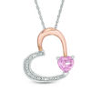 Thumbnail Image 0 of 5.5mm Lab-Created Pink Sapphire and Diamond Accent Beaded Tilted Heart Pendant in Sterling Silver and 10K Rose Gold