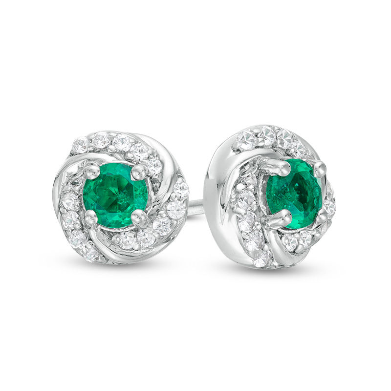 3.5mm Lab-Created Emerald and White Sapphire Swirl Frame Stud Earrings in 10K White Gold