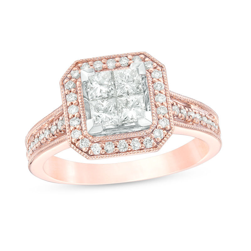 0.85 CT. T.W. Quad Princess-Cut Diamond Octagon Frame Vintage-Style Engagement Ring in 14K Two-Tone Gold