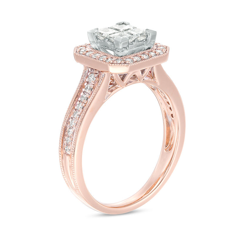 0.85 CT. T.W. Quad Princess-Cut Diamond Octagon Frame Vintage-Style Engagement Ring in 14K Two-Tone Gold