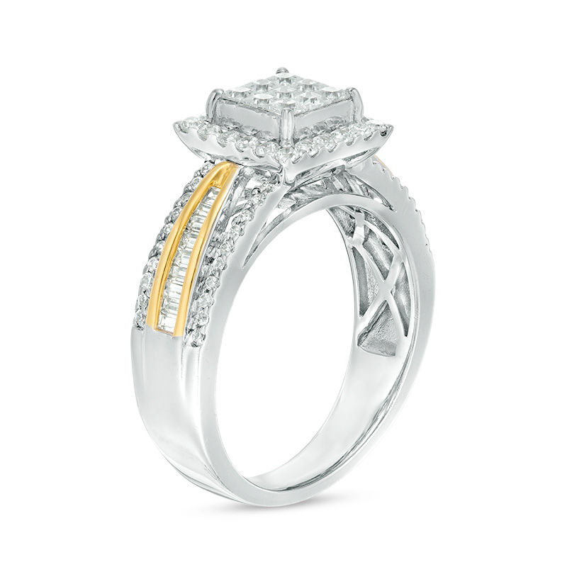 Main Image 2 of 1.00 CT. T.W. Princess-Cut Composite Diamond Frame Multi-Row Engagement Ring in 14K Two-Tone Gold