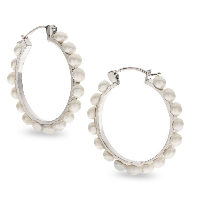 4.0-5.0mm Button Cultured Freshwater Pearl Hoop Earrings in Sterling Silver|Peoples Jewellers