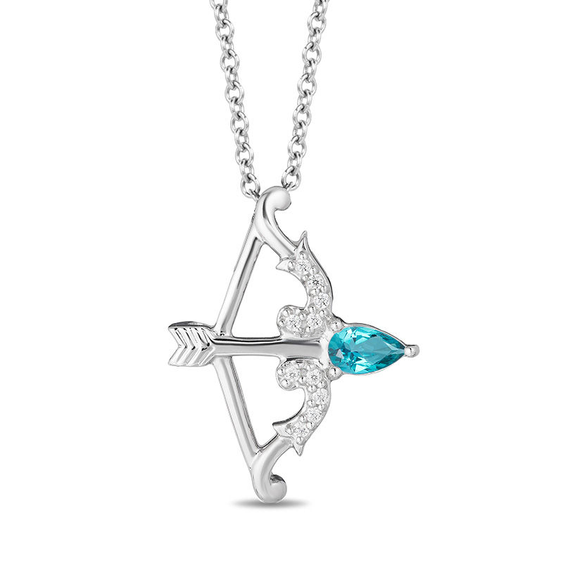 Enchanted Disney Merida Pear-Shaped Blue Topaz and 0.04 CT. T.W. Diamond Bow and Arrow Pendant in Sterling Silver - 19"