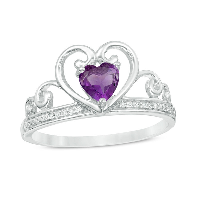 5.0mm Heart-Shaped Amethyst and Diamond Accent Tiara Ring in 10K White Gold