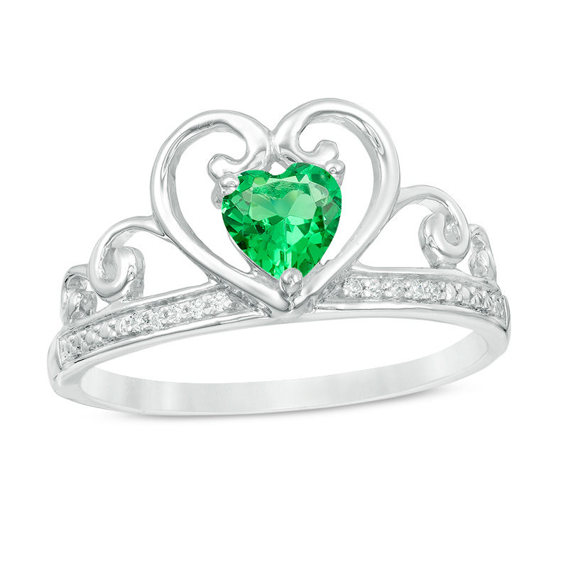 5.0mm Heart-Shaped Lab-Created Emerald and Diamond Accent Tiara Ring in 10K White Gold