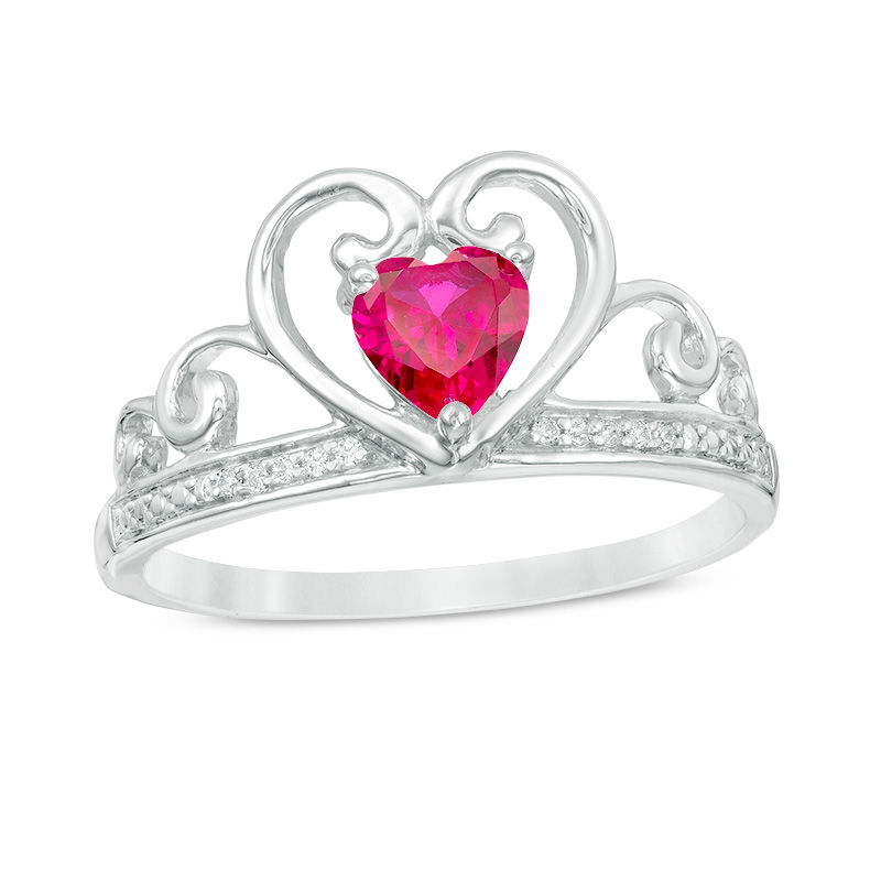5.0mm Heart-Shaped Lab-Created Ruby and Diamond Accent Tiara Ring in 10K White Gold|Peoples Jewellers