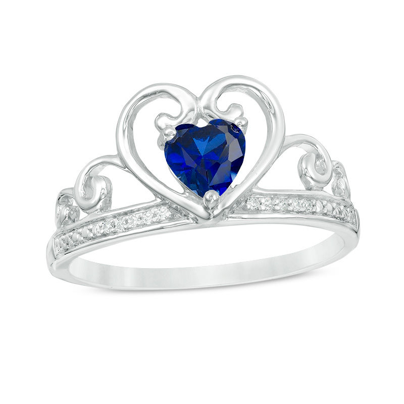 5.0mm Heart-Shaped Lab-Created Blue Sapphire and Diamond Accent Tiara Ring in 10K White Gold