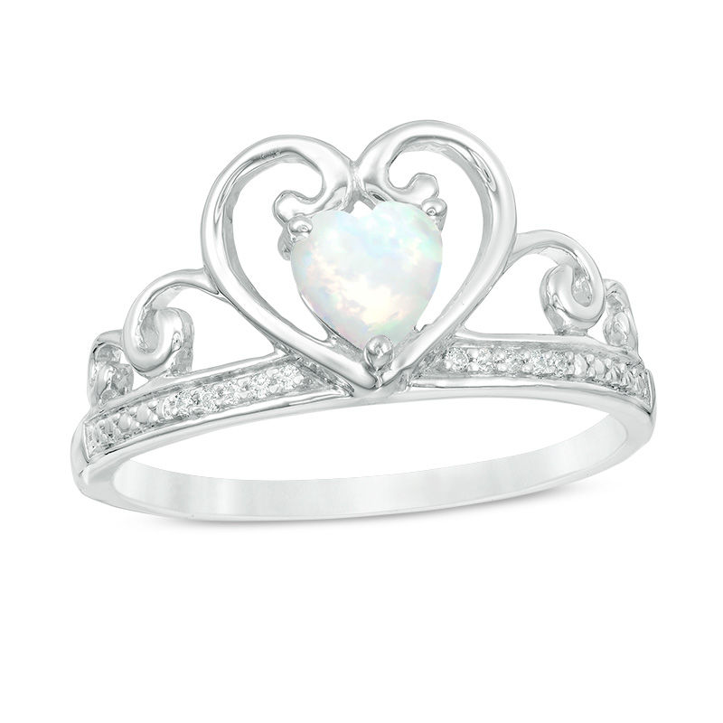 5.0mm Heart-Shaped Lab-Created Opal and Diamond Accent Tiara Ring in 10K White Gold