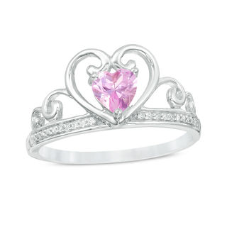 5.0mm Heart-Shaped Lab-Created Pink Sapphire and Diamond Accent Tiara Ring in 10K White Gold