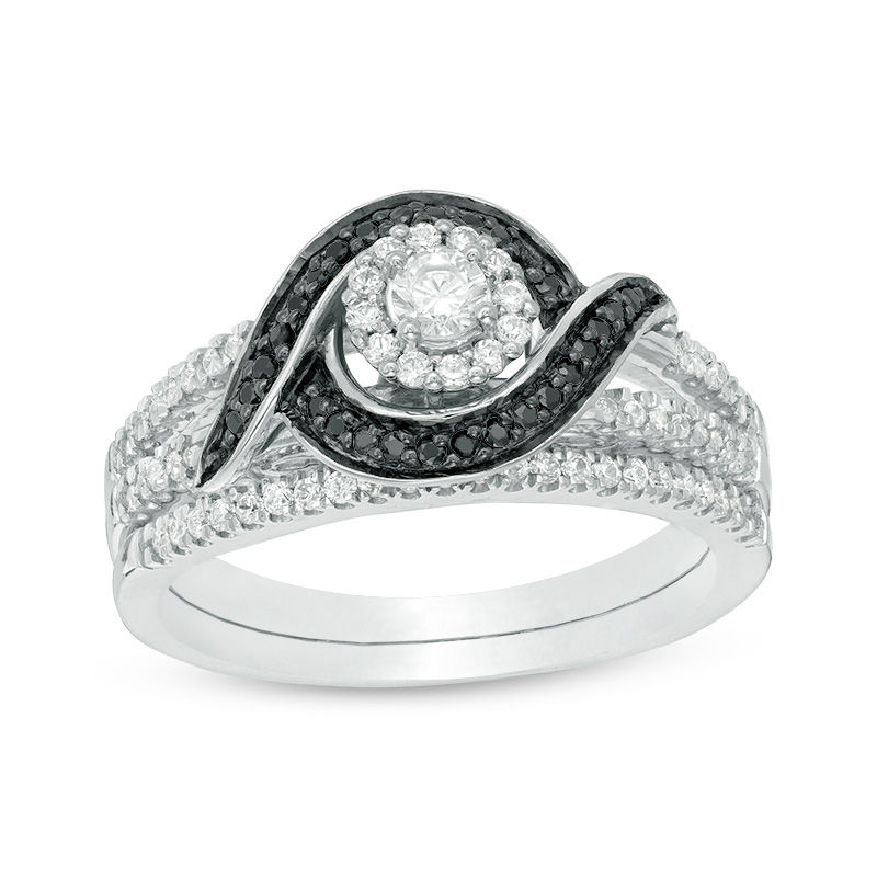 0.45 CT. T.W. Enhanced Black and White Diamond Frame Bypass Swirl Bridal Set in 10K White Gold