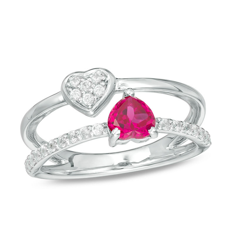 5.0mm Heart-Shaped Lab-Created Ruby and White Sapphire Split Shank Orbit Ring in Sterling Silver