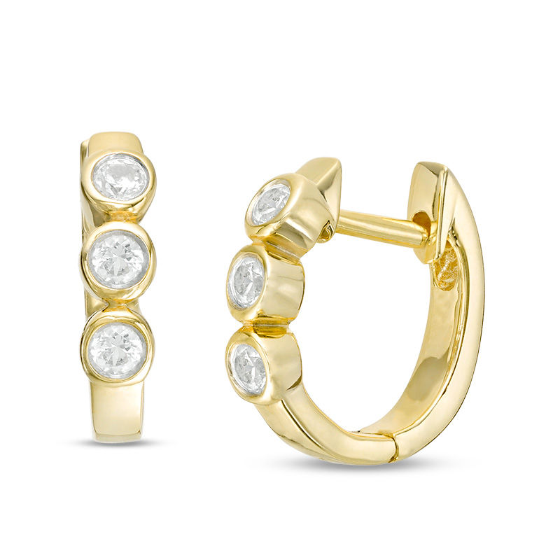 Lab-Created White Sapphire Three Stone Hoop Earrings in 10K Gold|Peoples Jewellers