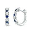 Thumbnail Image 1 of Lab-Created Blue Sapphire and 0.086 CT. T.W. Diamond Collar Three Stone Hoop Earrings in Sterling Silver