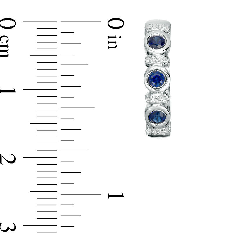 Main Image 2 of Lab-Created Blue Sapphire and 0.086 CT. T.W. Diamond Collar Three Stone Hoop Earrings in Sterling Silver