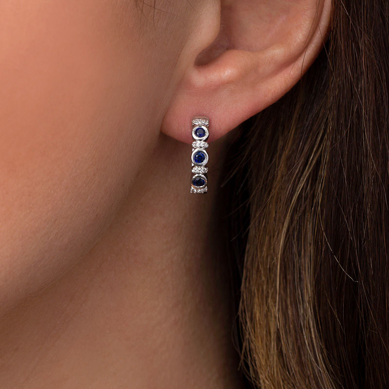 Main Image 3 of Lab-Created Blue Sapphire and 0.086 CT. T.W. Diamond Collar Three Stone Hoop Earrings in Sterling Silver