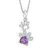 Thumbnail Image 0 of 6.0mm Heart-Shaped Amethyst and Lab-Created White Sapphire Paw Prints Pendant in Sterling Silver