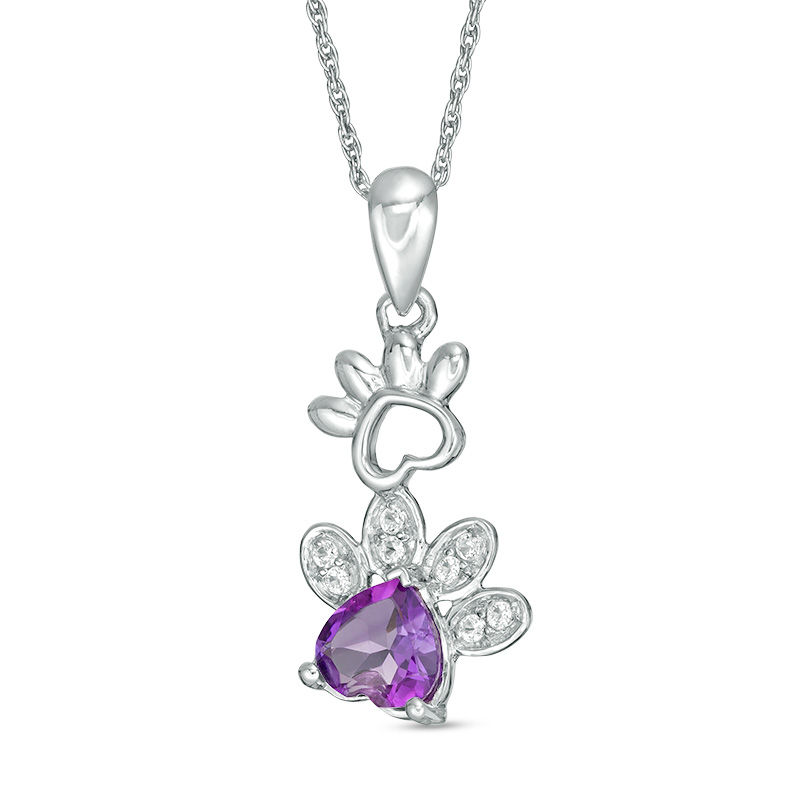 6.0mm Heart-Shaped Amethyst and Lab-Created White Sapphire Paw Prints Pendant in Sterling Silver