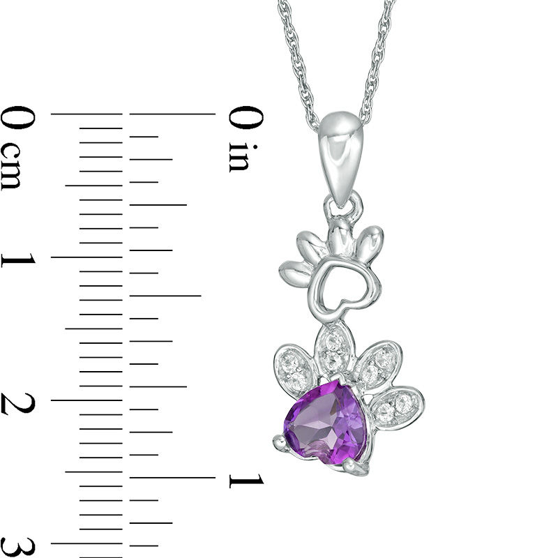 Main Image 2 of 6.0mm Heart-Shaped Amethyst and Lab-Created White Sapphire Paw Prints Pendant in Sterling Silver