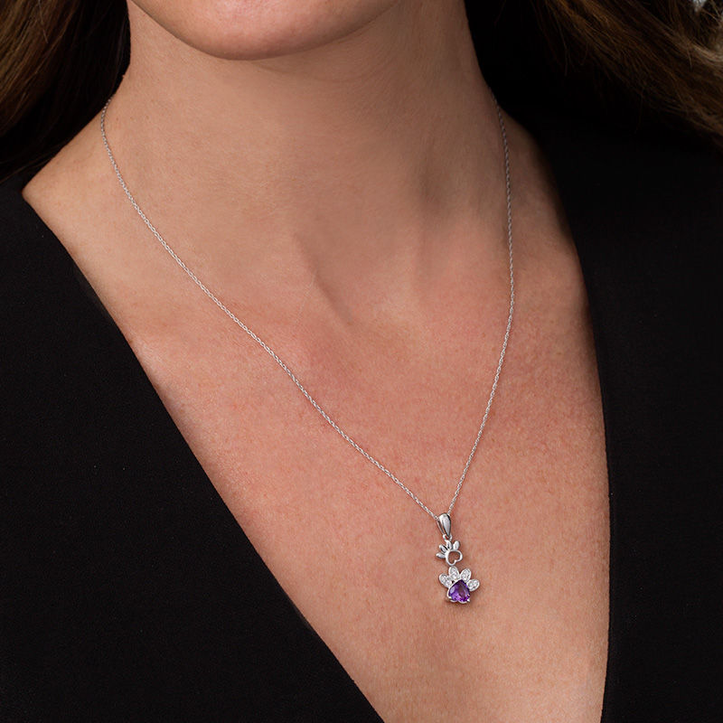 Main Image 3 of 6.0mm Heart-Shaped Amethyst and Lab-Created White Sapphire Paw Prints Pendant in Sterling Silver