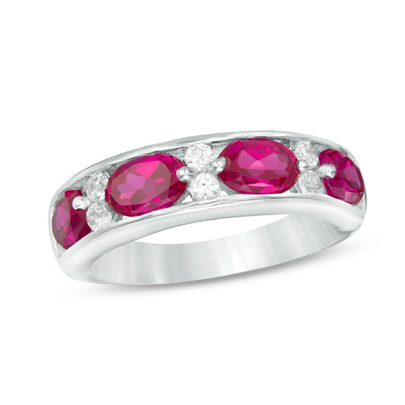 Oval Lab-Created Ruby and White Sapphire Alternating Band in Sterling Silver