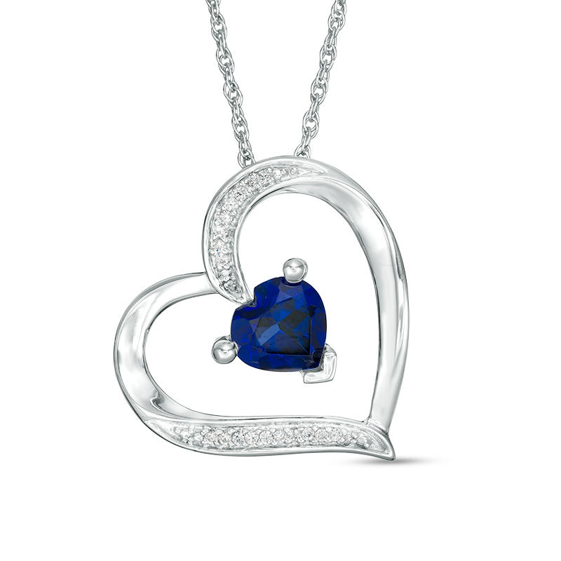 6.0mm Heart-Shaped Lab-Created Blue Sapphire and Diamond Accent Tilted Heart Pendant in Sterling Silver