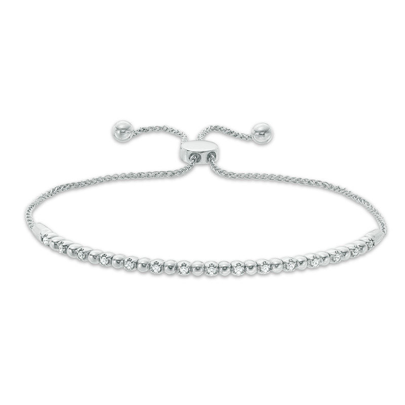 Main Image 1 of 0.15 CT. T.W. Diamond Alternating Ball Bolo Bracelet in 10K White Gold - 9.5"
