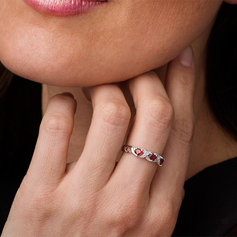 Main Image 3 of Heart-Shaped Garnet and Lab-Created White Sapphire Braided Vintage-Style Ring in Sterling Silver