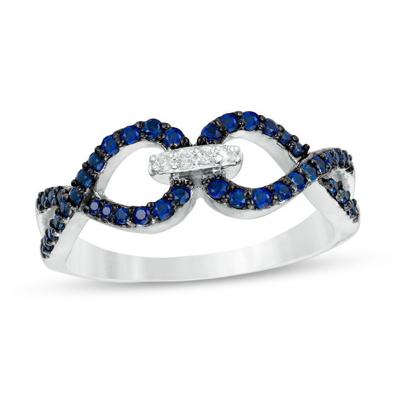 Lab-Created Blue and White Sapphire Interlocking Ring in Sterling Silver|Peoples Jewellers