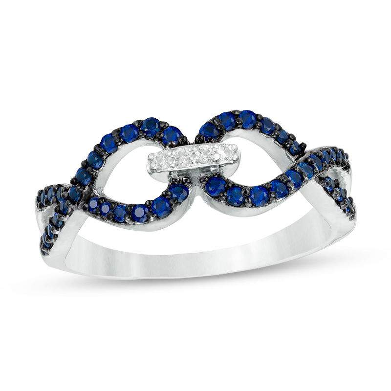 Lab-Created Blue and White Sapphire Interlocking Ring in Sterling Silver