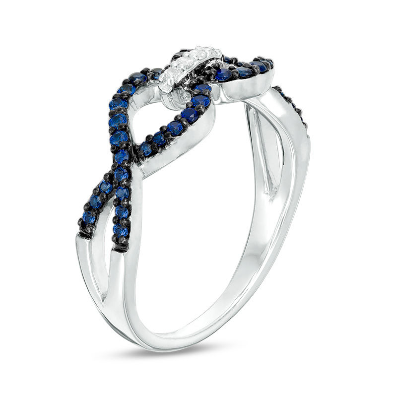Lab-Created Blue and White Sapphire Interlocking Ring in Sterling Silver