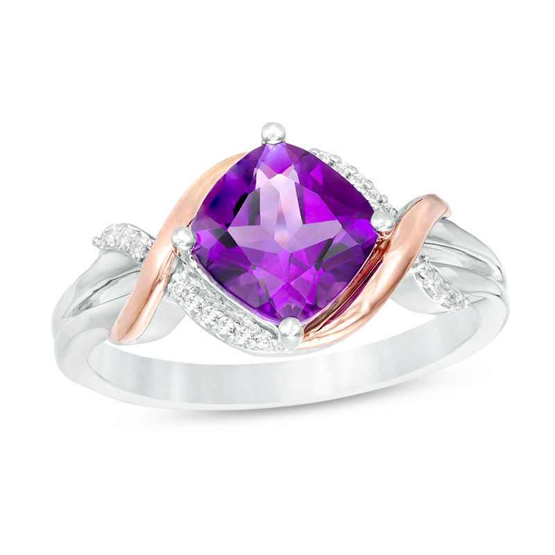 7.0mm Cushion-Cut Amethyst and 0.040 CT. T.W. Diamond Overlay Frame Ring in Sterling Silver and 10K Rose Gold