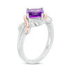 Thumbnail Image 1 of 7.0mm Cushion-Cut Amethyst and 0.040 CT. T.W. Diamond Overlay Frame Ring in Sterling Silver and 10K Rose Gold