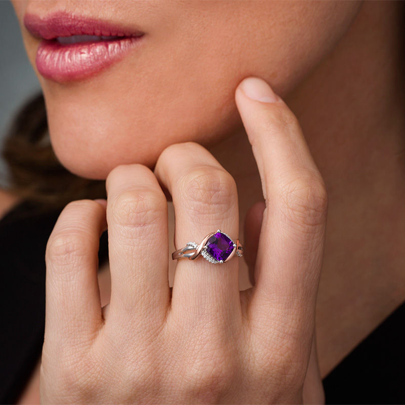 7.0mm Cushion-Cut Amethyst and 0.040 CT. T.W. Diamond Overlay Frame Ring in Sterling Silver and 10K Rose Gold