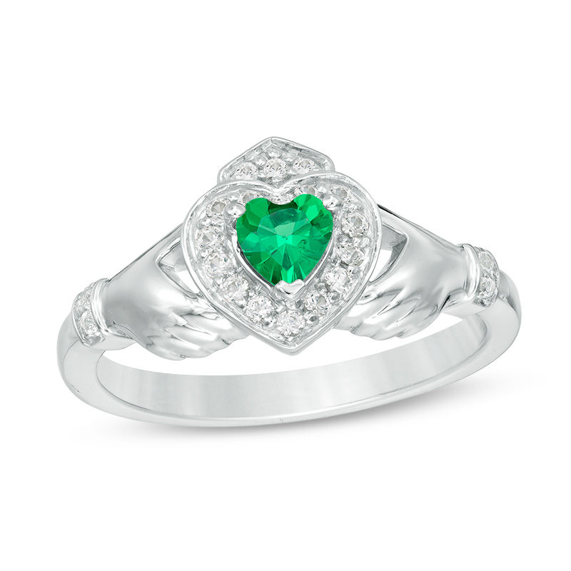 4.0mm Heart-Shaped Lab-Created Emerald and White Sapphire Claddagh Ring in Sterling Silver