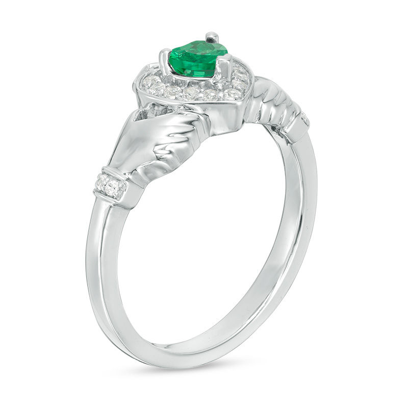 4.0mm Heart-Shaped Lab-Created Emerald and White Sapphire Claddagh Ring in Sterling Silver