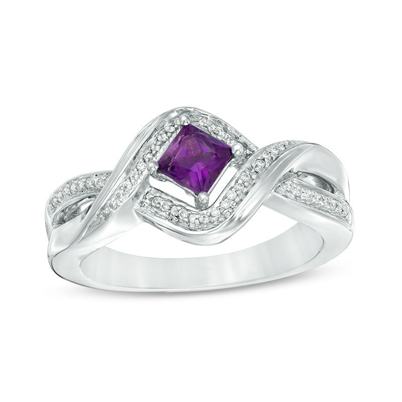 4.0mm Princess-Cut Amethyst and 0.085 CT. T.W. Diamond Split Shank Ring in Sterling Silver|Peoples Jewellers