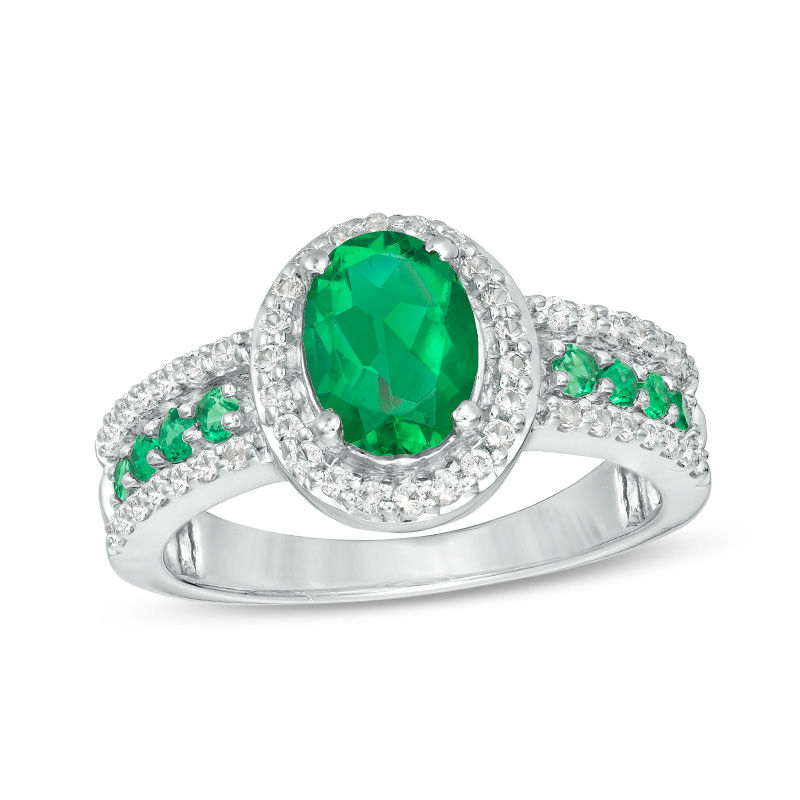 Oval Lab-Created Emerald and White Sapphire Frame Ring in Sterling Silver