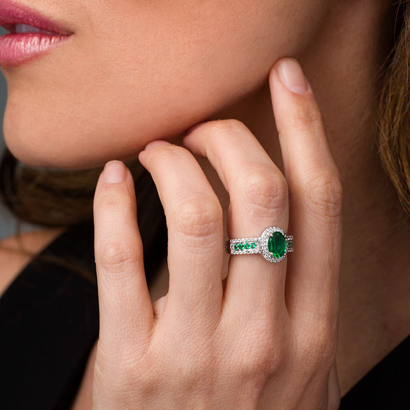 Oval Lab-Created Emerald and White Sapphire Frame Ring in Sterling Silver