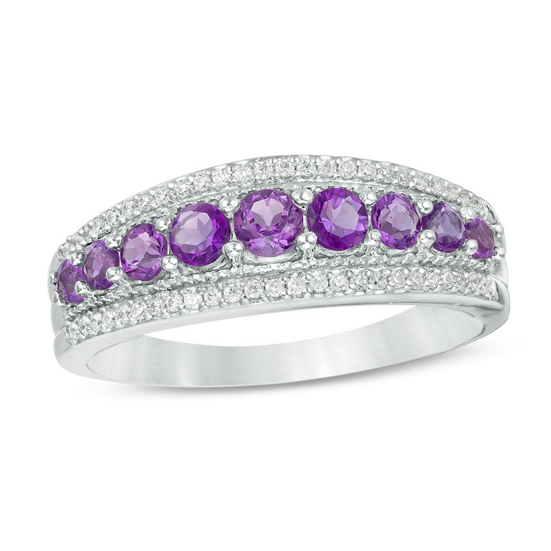 Amethyst and 0.145 CT. T.W. Diamond Nine Stone Vintage-Style Ring in Sterling Silver|Peoples Jewellers