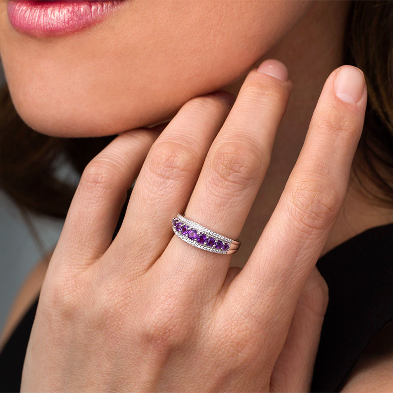 Main Image 3 of Amethyst and 0.145 CT. T.W. Diamond Nine Stone Vintage-Style Ring in Sterling Silver